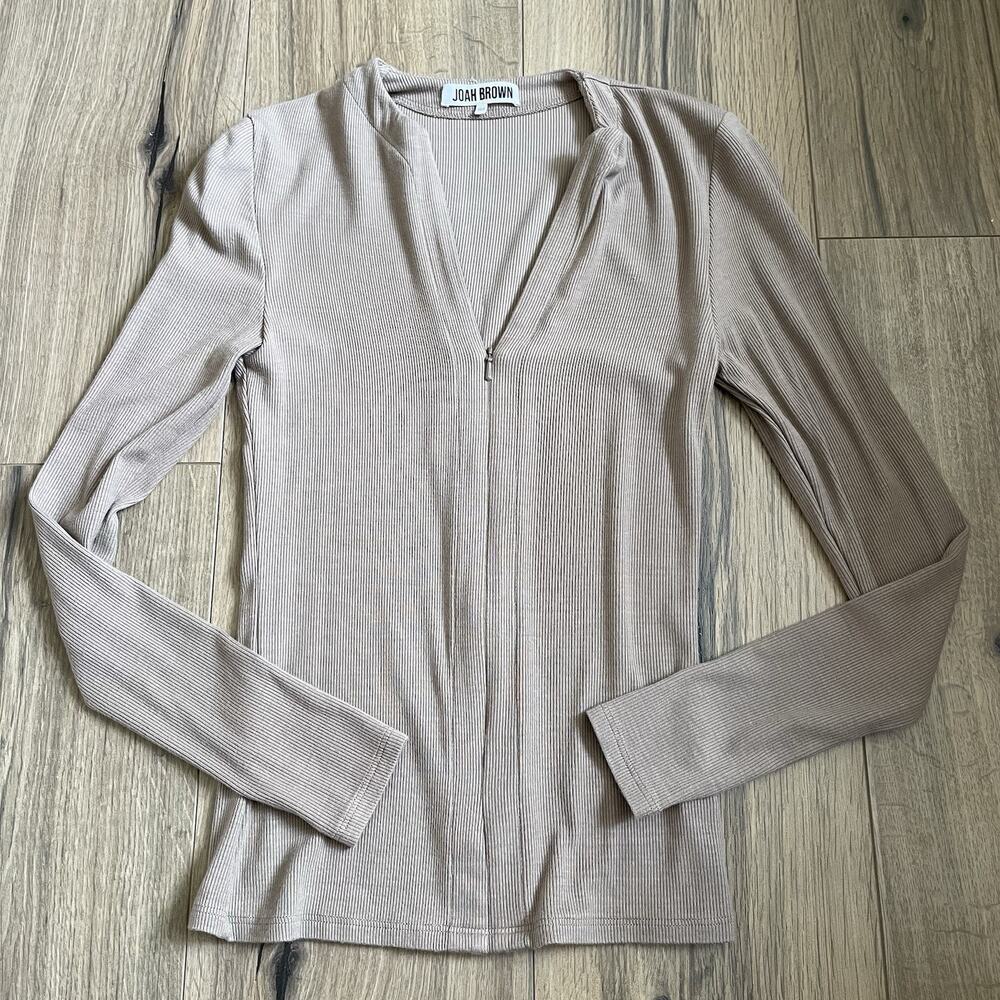 Joah Brown Invisible Zip Ribbed Long Sleeve Shirt Top Size Womens XS/S Stretch